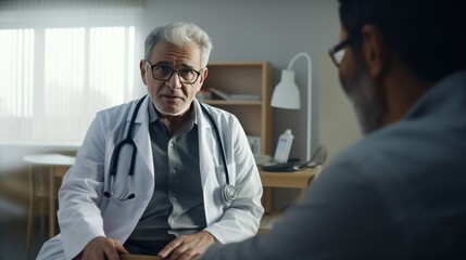 Obraz premium Doctor with elderly patient, doctor consulting examining comforting elderly senior aged adult in hospital