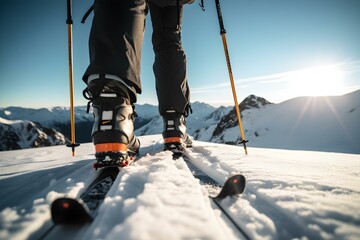 Mountaineer Backcountry Ski Walking in the Mountains. Ski Touring in High Landscape. Adventure Winter Extreme Sport. Detail Boots.