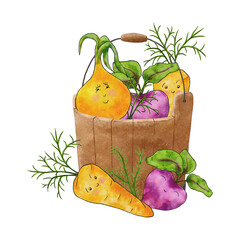 A bucket of fun vegetables. Vegetable basket. Wooden bucket with cartoon onions, carrots and beets with greens. Illustration isolated on white background.