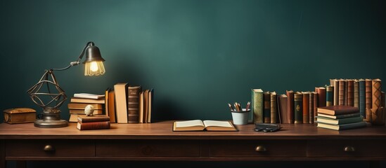 A school themed desk with writing materials books and a lamp in the evening