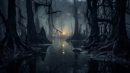 An eerie, misty swamp with mysterious lights