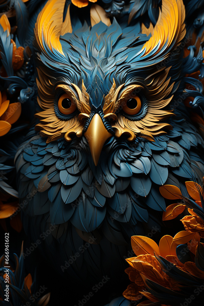 Aufkleber an owl pattern with large feathers on a blue background,