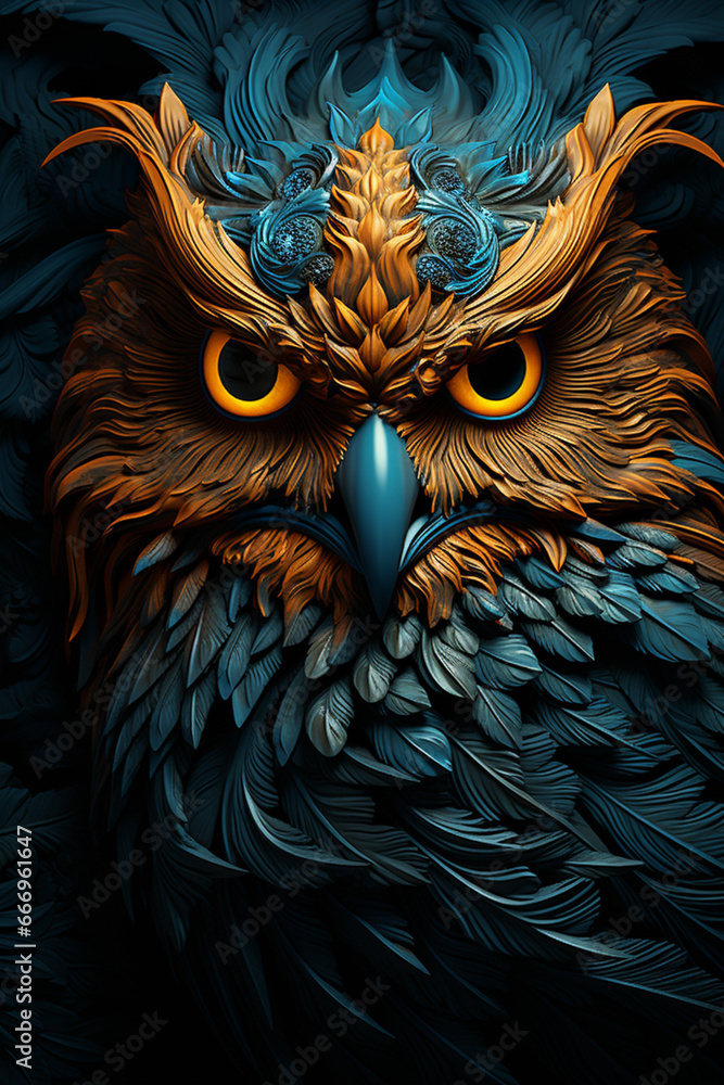 Aufkleber an owl pattern with large feathers on a blue background,