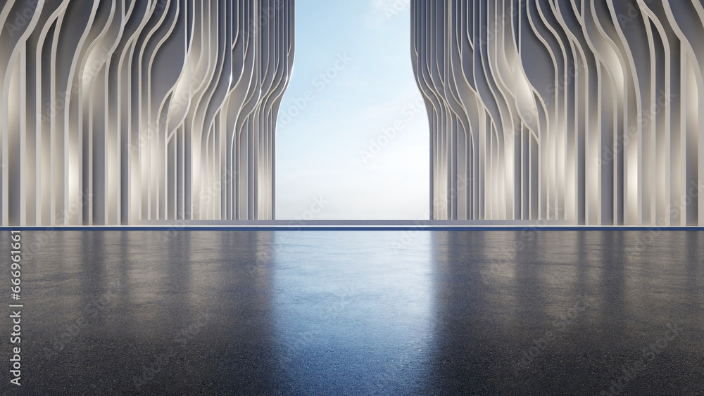 Poster 3d render of abstract parametric architecture with empty concrete floor. Scene for car presentation.