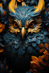 an owl pattern with large feathers on a blue background, 