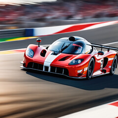 Race car races along a track and the motion blurs the background