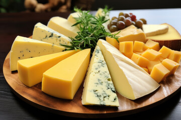 Twelve slices of different kinds of cheese on a cheese plate