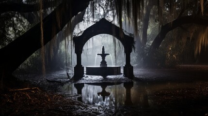 A haunted well with eerie, ghostly reflections