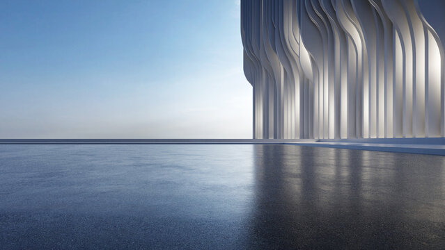 3d render of abstract parametric architecture with empty concrete floor. Scene for car presentation.