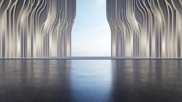 3d render of abstract parametric architecture with empty concrete floor. Scene for car presentation.