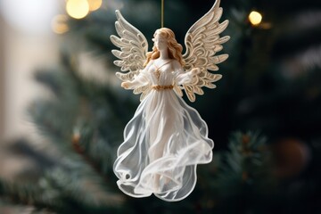porcelain angel on a Christmas tree branch close-up
