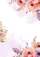 Peach white and purple violet watercolor hand painted background template for Invitation with flora and flower