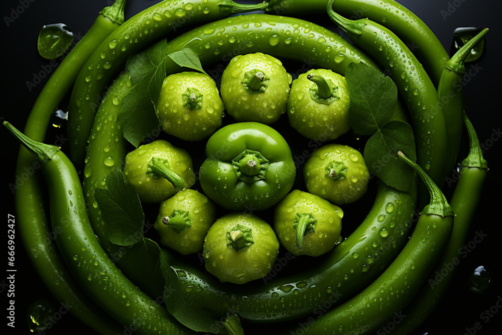 Poster A clean composition featuring a few green bell pepper rings arranged symmetrically, creating a calming effect.  