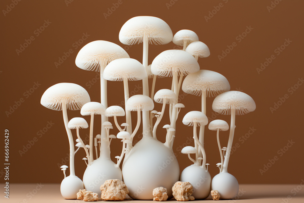 Leinwandbilder a serene image of a few white mushrooms arranged in a row on a plain surface, embracing simplicity.