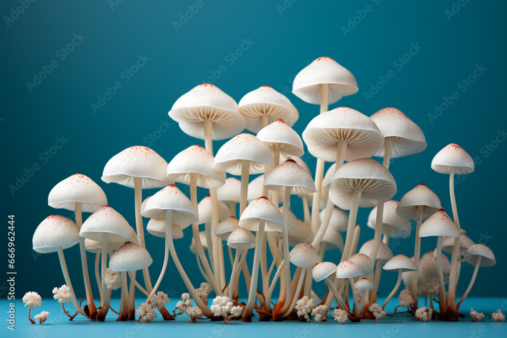Leinwandbilder a serene image of a few white mushrooms arranged in a row on a plain surface, embracing simplicity.
