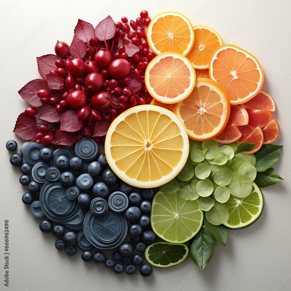 Poster An imaginative image of mixed fruit slices in a geometric arrangement, 