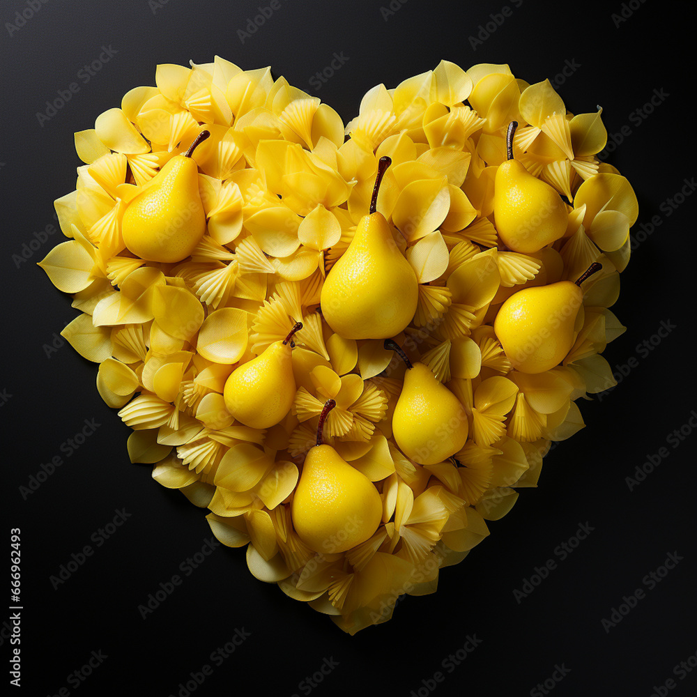Poster an elegant composition of sliced pear and apple forming a delicate heart shape, capturing the essenc