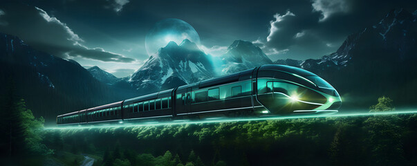 Suspension train magnetic. High-speed travel. Express passenger train.   Hyperloop train concept. Futuristic transportation technology.