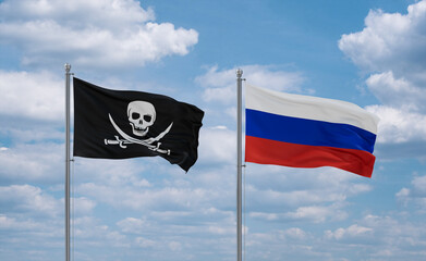 Russia and Corsair Pirate flags, country relationship concept