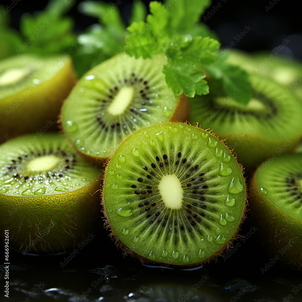 Fototapete a creative capture of sliced kiwi arranged in a spiral pattern, showcasing its intricate details and