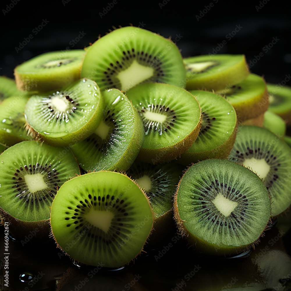 Poster a creative capture of sliced kiwi arranged in a spiral pattern, showcasing its intricate details and