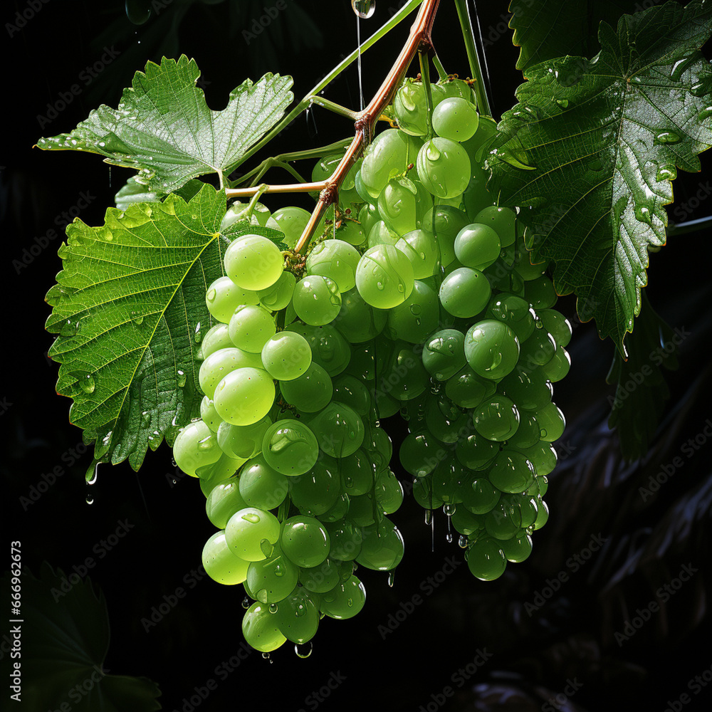 Fototapete a graceful image of a cluster of green grapes hanging from their stems, the play of light and shadow