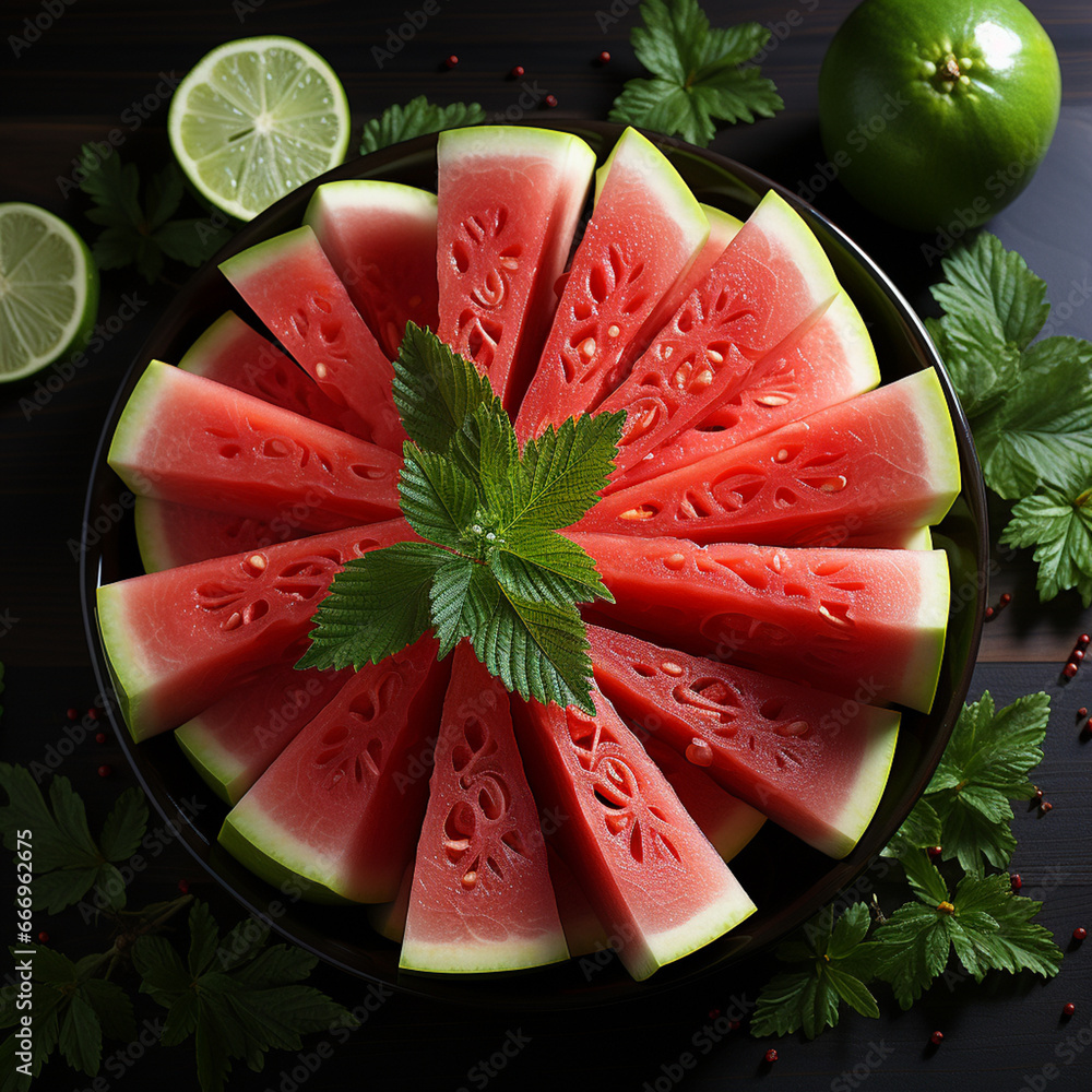Leinwandbilder an artistic composition of sliced watermelon arranged to form a geometric pattern, emphasizing its j