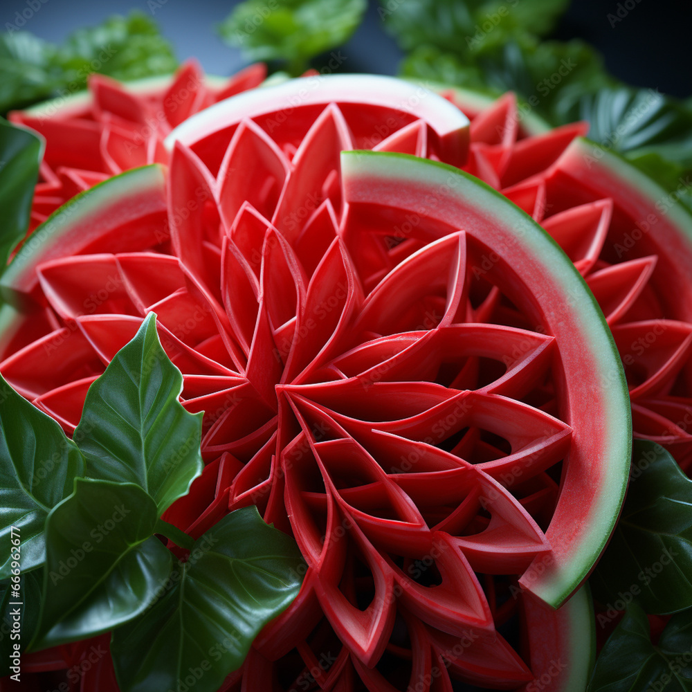 Fototapete an artistic composition of sliced watermelon arranged to form a geometric pattern, emphasizing its j