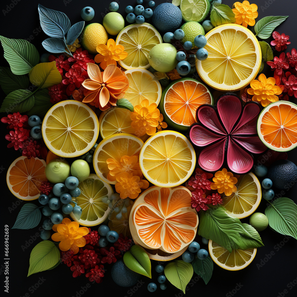 Poster an imaginative arrangement of citrus fruits like oranges, lemons, and limes forming a visually engag
