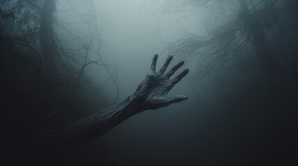 A ghostly hand reaching out from a foggy abyss