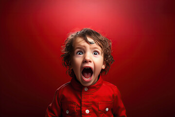 white little baby boy screaming crying on red isolated background