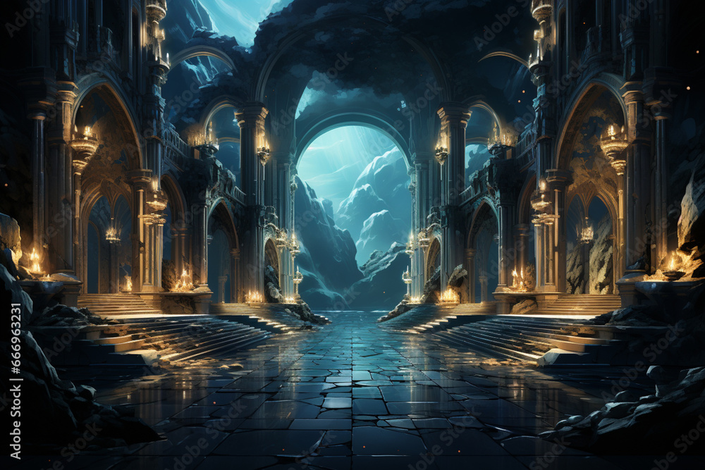 Poster gorgeous graeco-roman corridor with columns and a glowing heavenly light at the end.