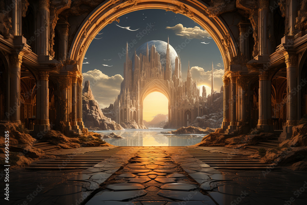 Poster gorgeous graeco-roman corridor with columns and a glowing heavenly light at the end.
