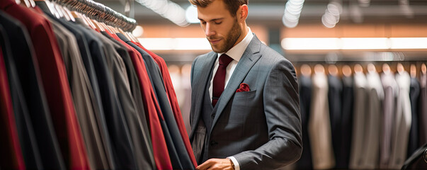 Man in elegant suit choosing a jacket in shop. fashon shop suits in row.