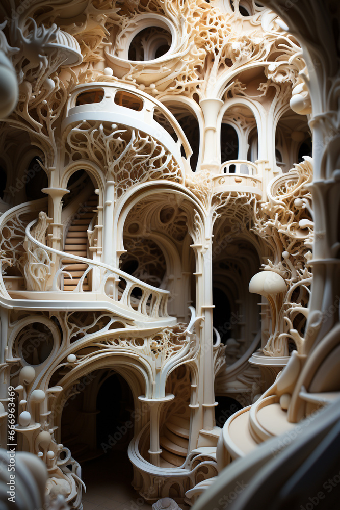 Poster 3d-printed architectural model as the printer head moves in precise paths.
