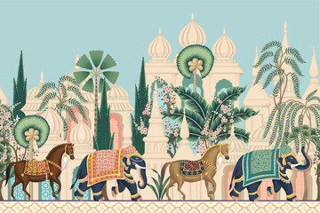 Indian elephant and horses walking in the town mural. Oriental parade wallpaper.