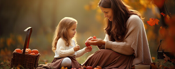 Mother and kid or child play with autumn leaves in park, wide banner - obrazy, fototapety, plakaty