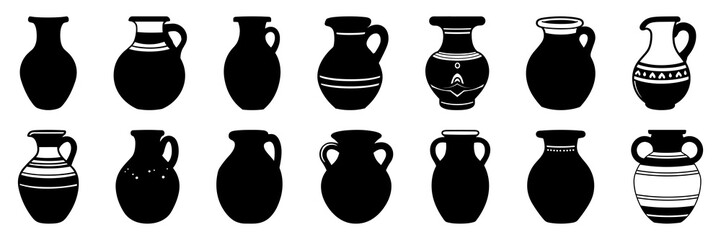 Egyptian vase silhouettes set, large pack of vector silhouette design, isolated white background