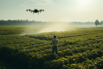 Farmer spraying his crops using a drone, aesthetic look - obrazy, fototapety, plakaty