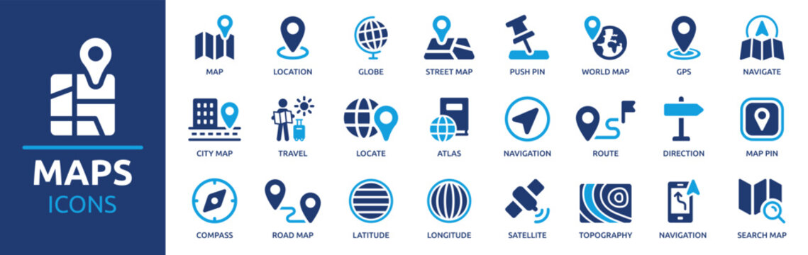 Map icon set. Containing location, maps, GPS, navigation, city map, atlas, route, direction, pin and more. Vector solid icons collection.