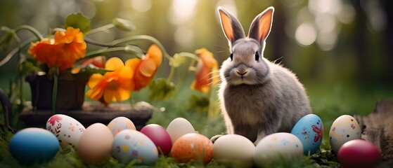 Fototapeta na wymiar Springtime Bunny: Easter Rabbit Surrounded by Painted Eggs