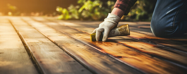 Hands detail of restore wooden terrace. wide banner