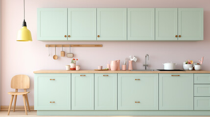 Fototapeta na wymiar Pastel colored interior kitchen mockup