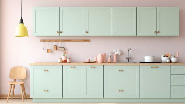 Pastel colored interior kitchen mockup