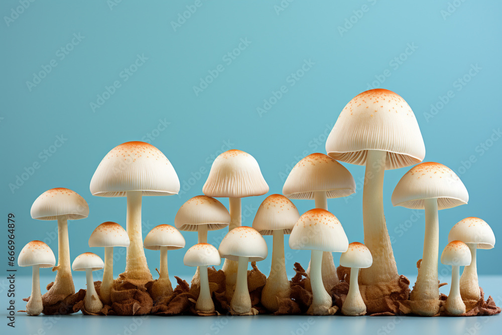 Poster a serene image of a few white mushrooms arranged in a row on a plain surface, embracing simplicity.