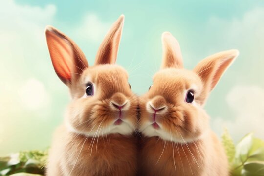 Cute brown bunnies together portrait. Lovable twin rabbits with fluffy fur. Generate ai