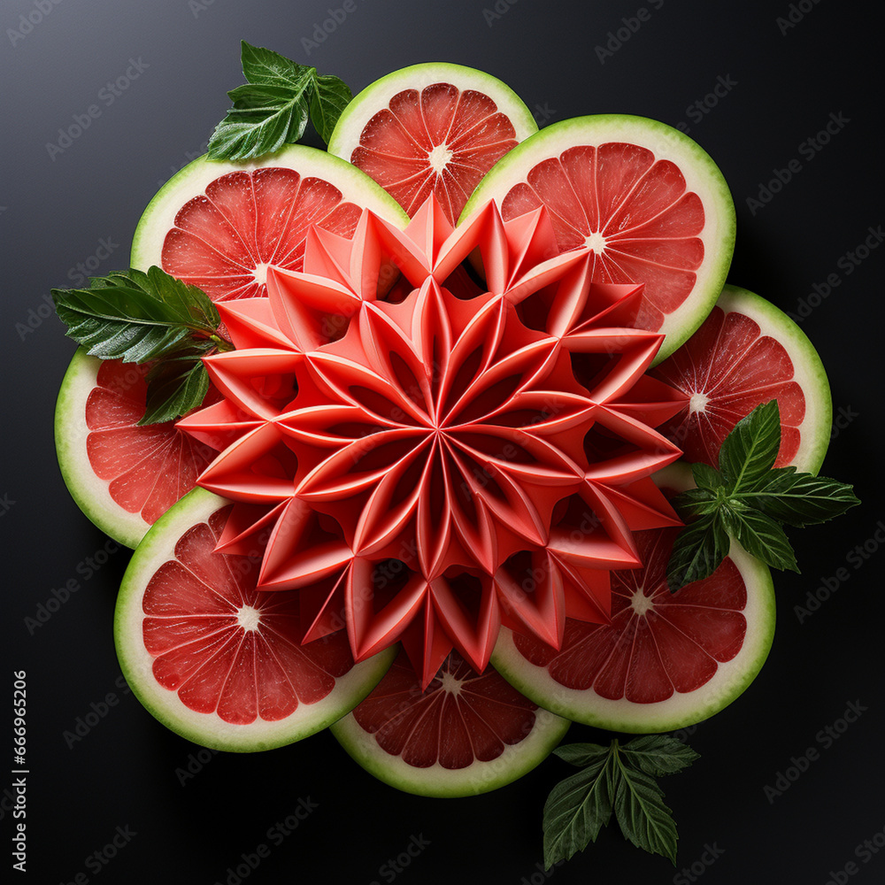 Poster an artistic composition of sliced watermelon arranged to form a geometric pattern, emphasizing its j