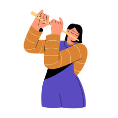 Folk musician perform on wooden flute. Performer play on music instrument, hold in hands. Young woman on orchestral performance, acoustic concert. Flat isolated vector illustration on white background © Paper Trident
