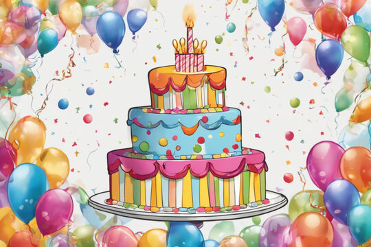 Geburtstagskuchen mit Balloons und Konfetti auf einer Karte .  Birthday Card .  KI Generated