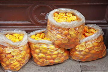 The bags full Peels of oranges, Waste after squeezing orange juice